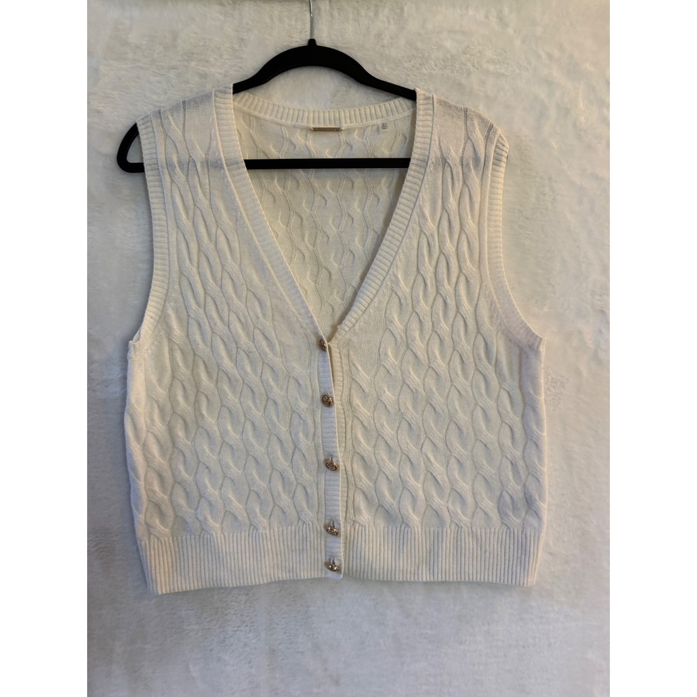 Elie Tahari Cable Knit Sweater Vest Womens Medium Cream Wool Cashmere Cardigan